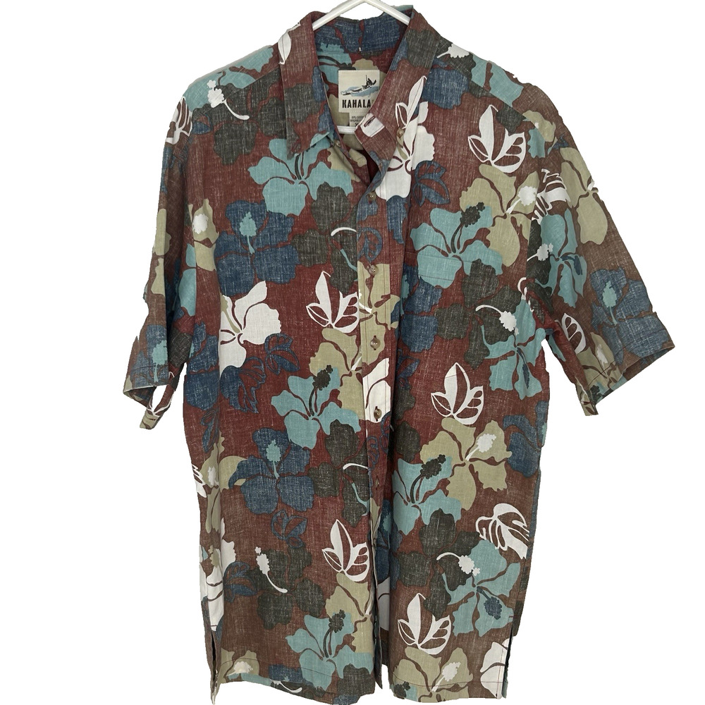 Vintage Kahala Hawaiian Camp Shirt Men's XL Floral Burgundy Blue Reverse Print